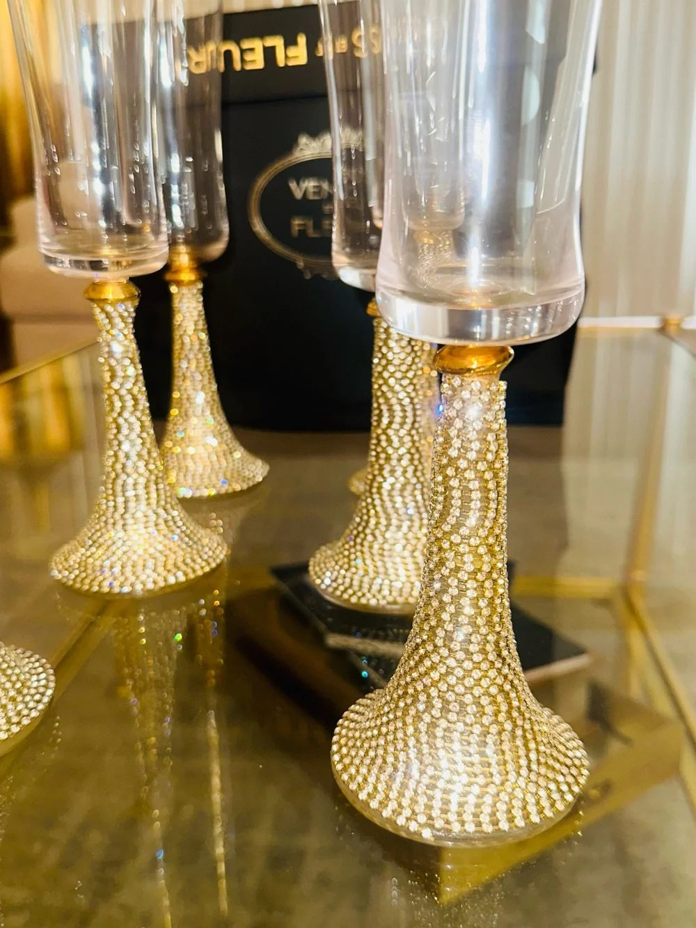 Sparkling Gold Jeweled Stem Champagne Flutes - Set of 6 New